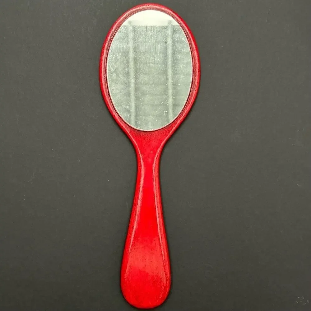 Rare Vintage 1960s Red Wooden Handmade Decorative Hand Mirror, Artist Signed